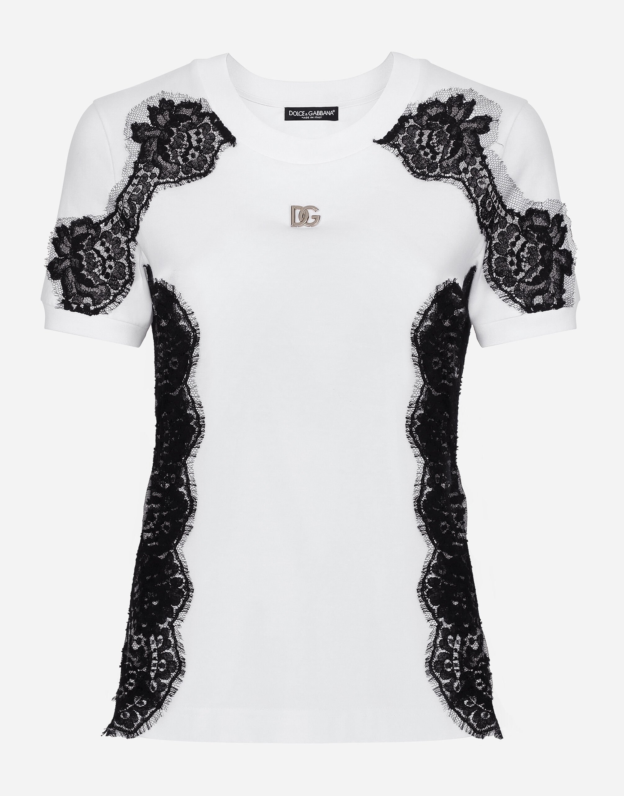 Dolce & Gabbana Camiseta de punto con aplicaciones de encaje y logotipo DG Negro FXE03TJBMQ3