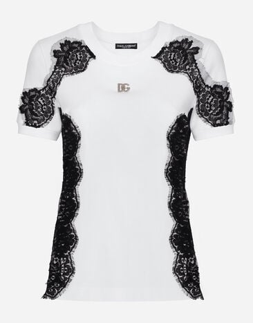 Dolce & Gabbana T-Shirt aus Jersey mit Einsätzen aus Spitze und DG-Logo Schwarz FXE03TJBMQ3