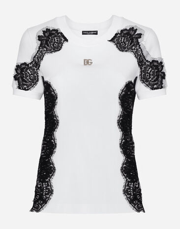 Dolce & Gabbana T-shirt in jersey con inserti in pizzo e logo DG Bianco F8N08TGDB7U