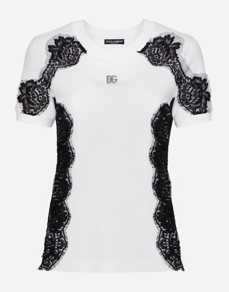 Dolce & Gabbana Camiseta de punto con aplicaciones de encaje y logotipo DG Blanco F8N08TGDB7U