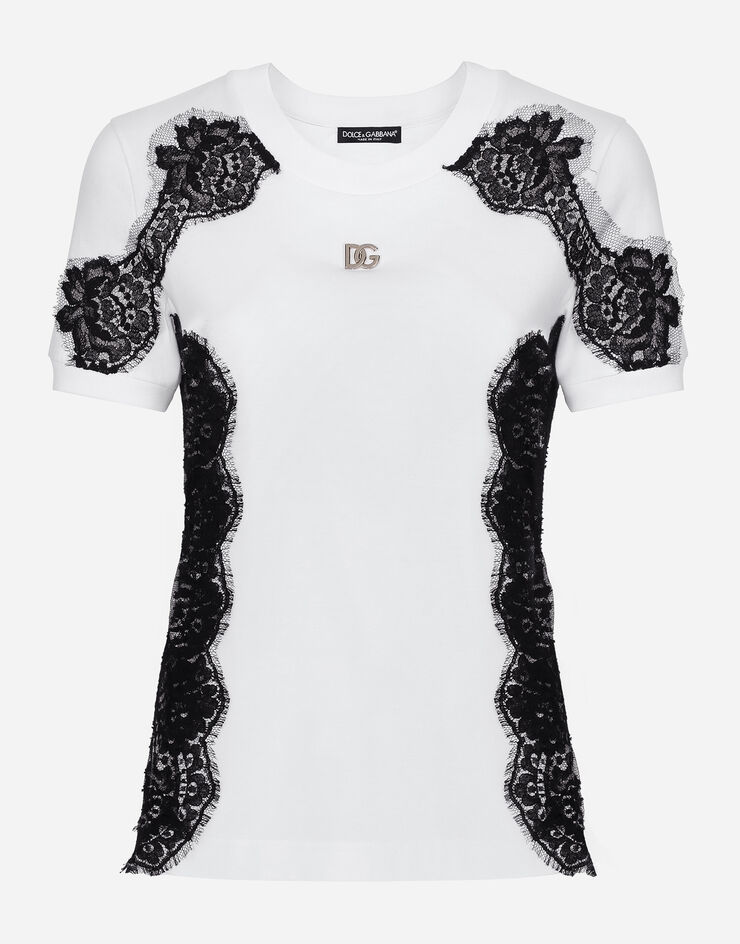 Dolce & Gabbana T-shirt en jersey avec empiècements en dentelle et logo DG Blanc F8N08TGDB7U