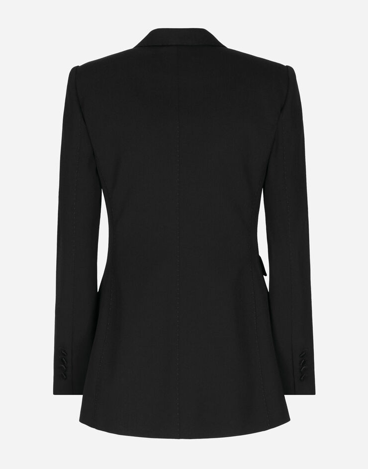 Dolce&Gabbana Chaqueta de botonadura doble en paño de lana con aplicación de flor Negro F29LMTFUBGB