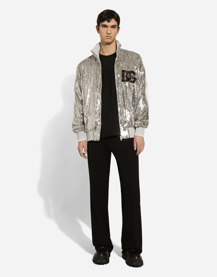 Dolce & Gabbana Sequined zip-up sweatshirt with rhinestone-detailed DG patch Silver G9ZG1ZHLMTJ