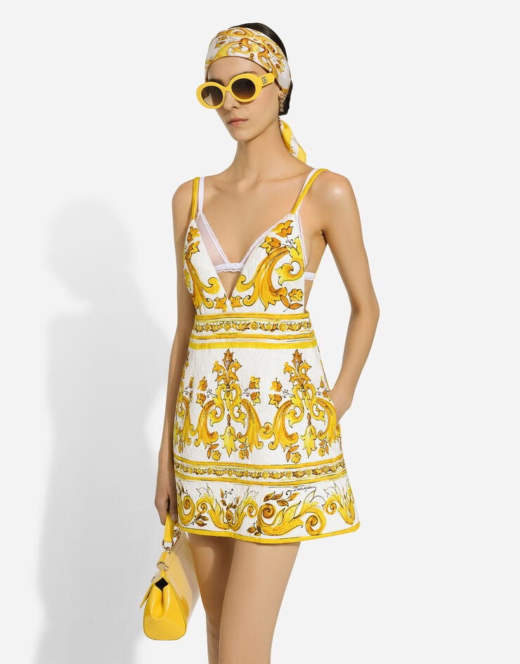Dolce & Gabbana Kurzes Kleid aus Brokat Majolika-Print mit Trägern Drucken F6JIATFPTAW