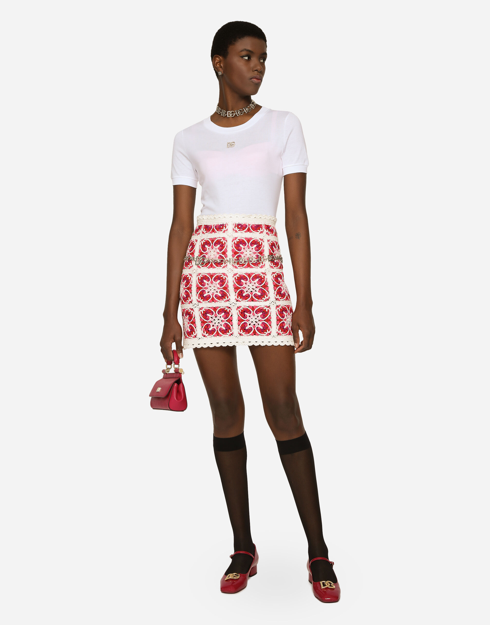 Brick stitched crochet skirt with Majolica print in Multicolor for Women Dolce Gabbana