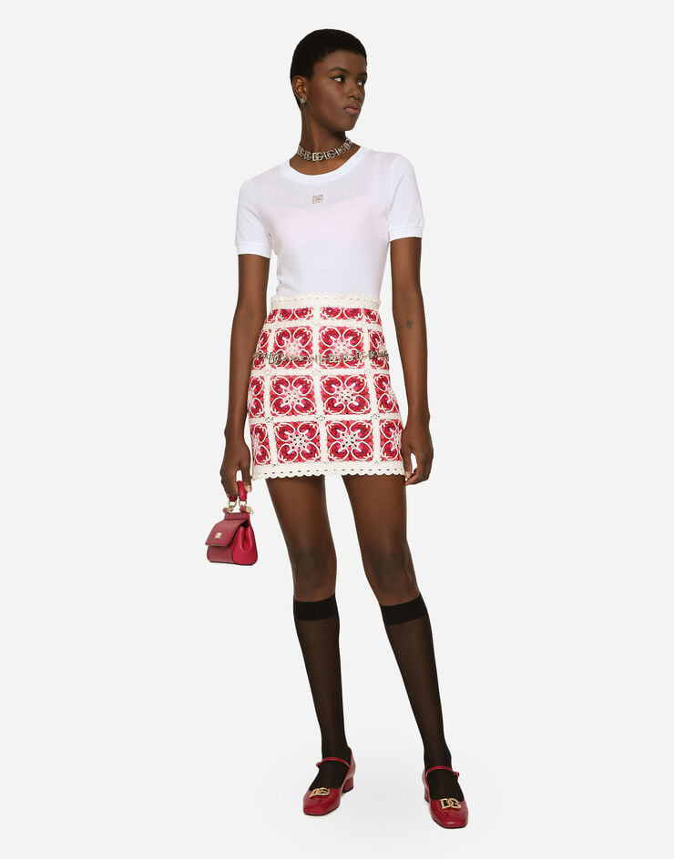 Dolce&Gabbana Brick-stitched crochet skirt with Majolica print Multicolor FXL50ZJBCAV