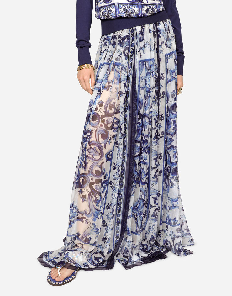 Dolce&Gabbana Falda larga de chifón con estampado de mayólica Multicolor F4CHKTHI1BT