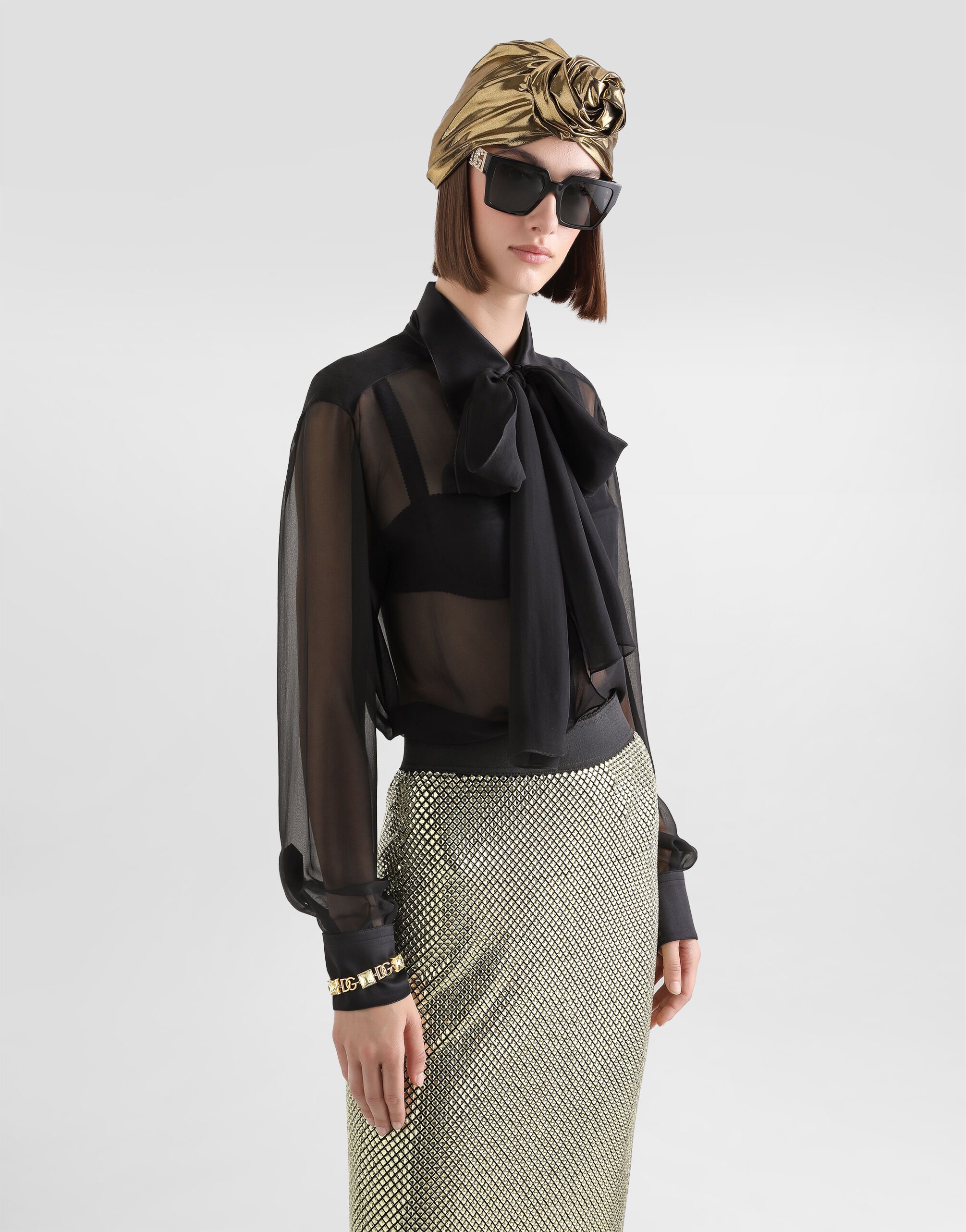 Silk chiffon shirt with pussy-bow in Black for Women | Dolce&Gabbana®