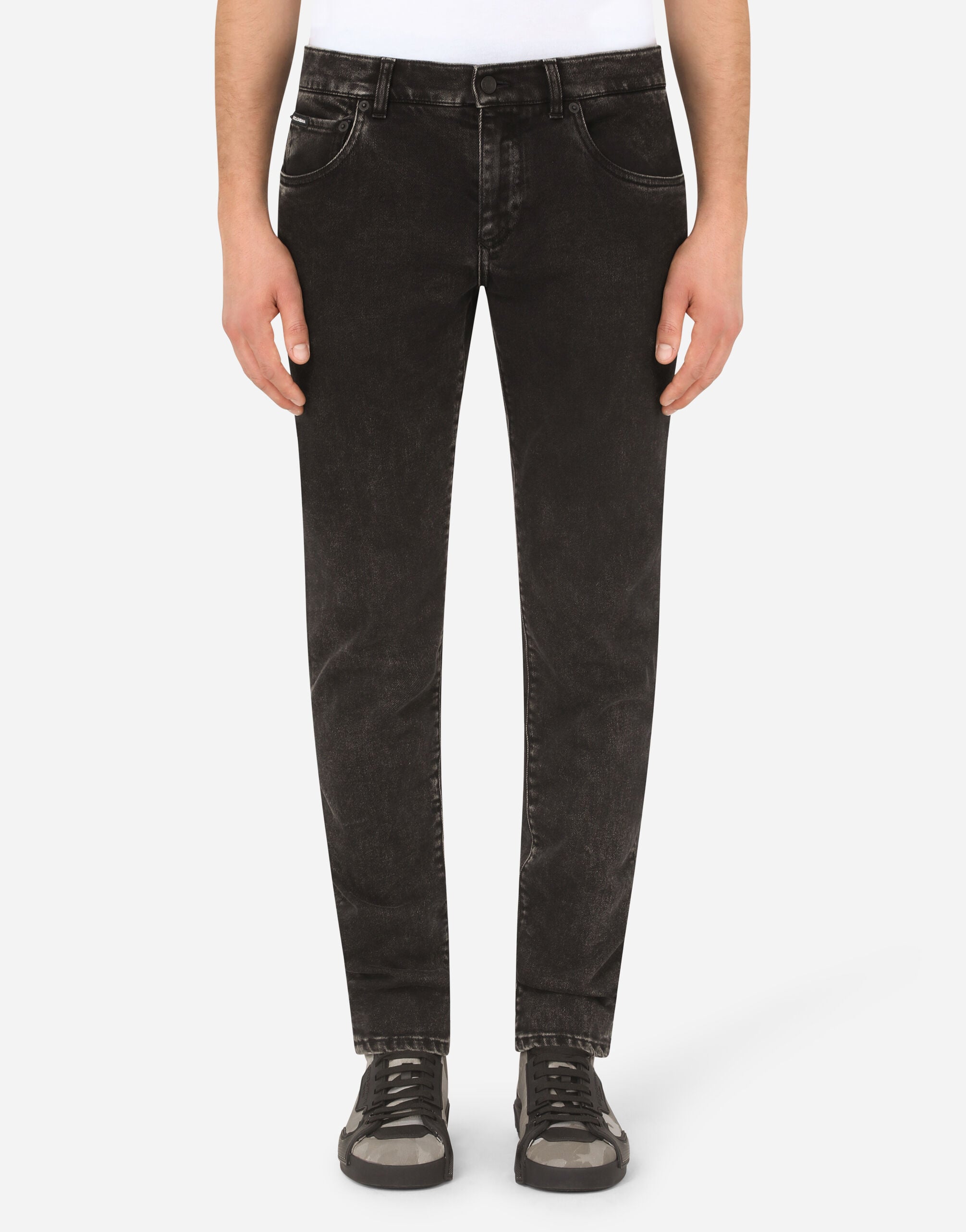 Washed black skinny stretch jeans with DG logo in AZURE for Men