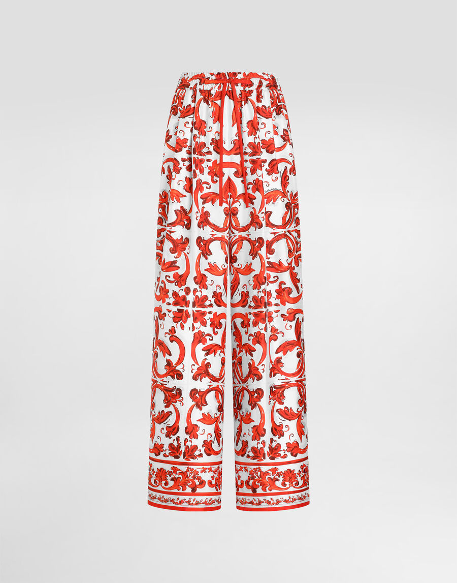 Majolica-print silk trousers