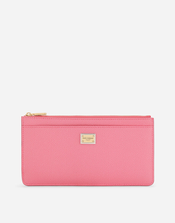 Dolce & Gabbana Tarjetero grande en piel de becerro con placa con logotipo y cremallera Rosa BI1265A1001