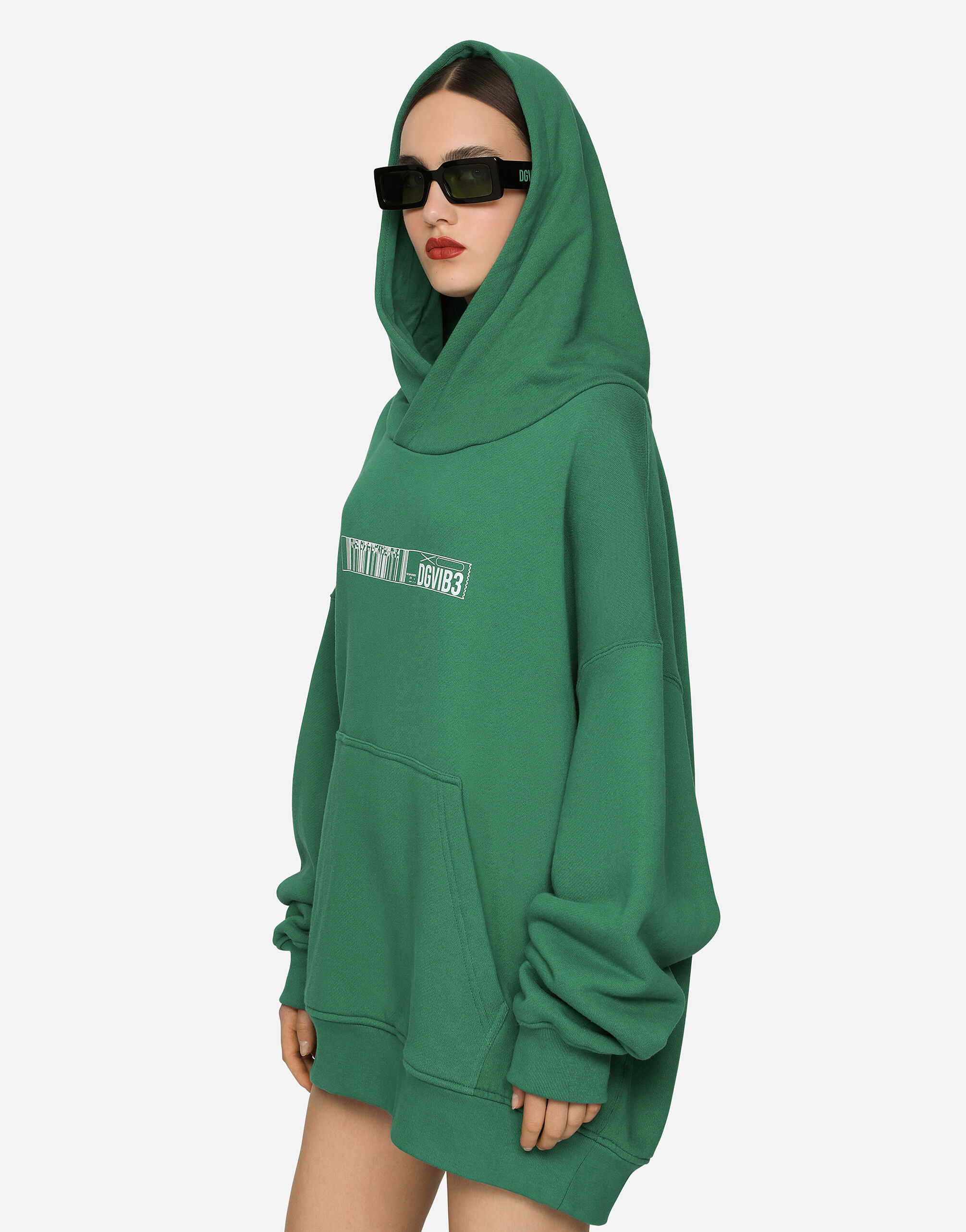 Oversize cotton jersey hoodie with DGVIB3 print in Green for