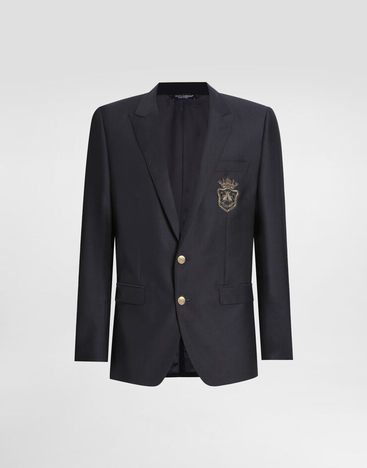 Dolce & Gabbana Single-breasted wool and silk jacket with patch Blue G2LK0ZFU3H1
