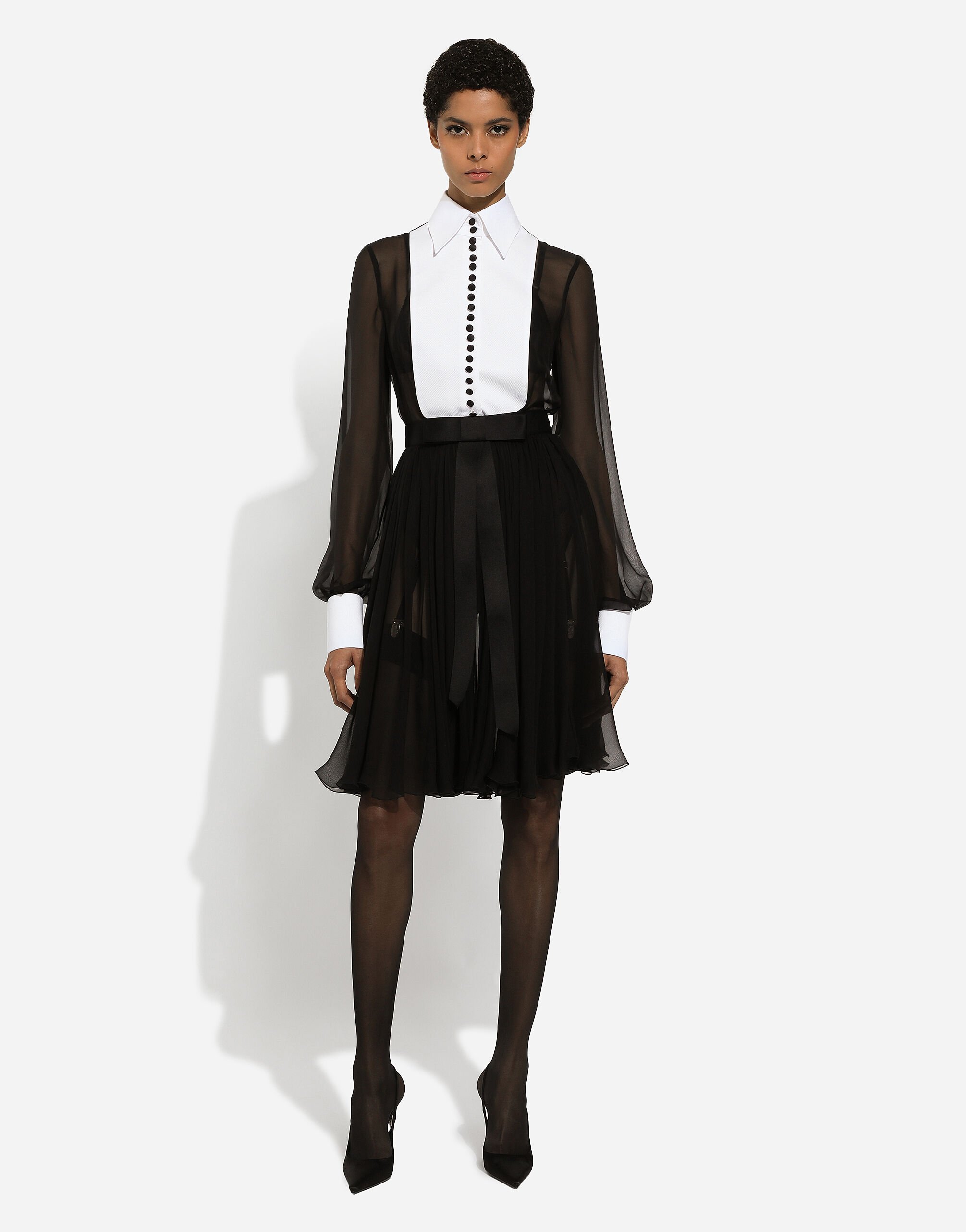 Chiffon midi shirt dress with pique cuffs and shirt front en Noir pour femme Dolce Gabbana