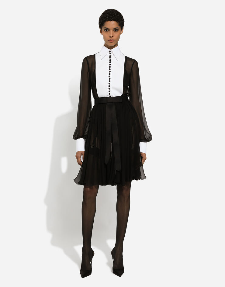 Dolce & Gabbana Midi-Hemdblusenkleid aus Chiffon mit Plastron und Manschetten aus Piqué Black F6JGXTFU1AT
