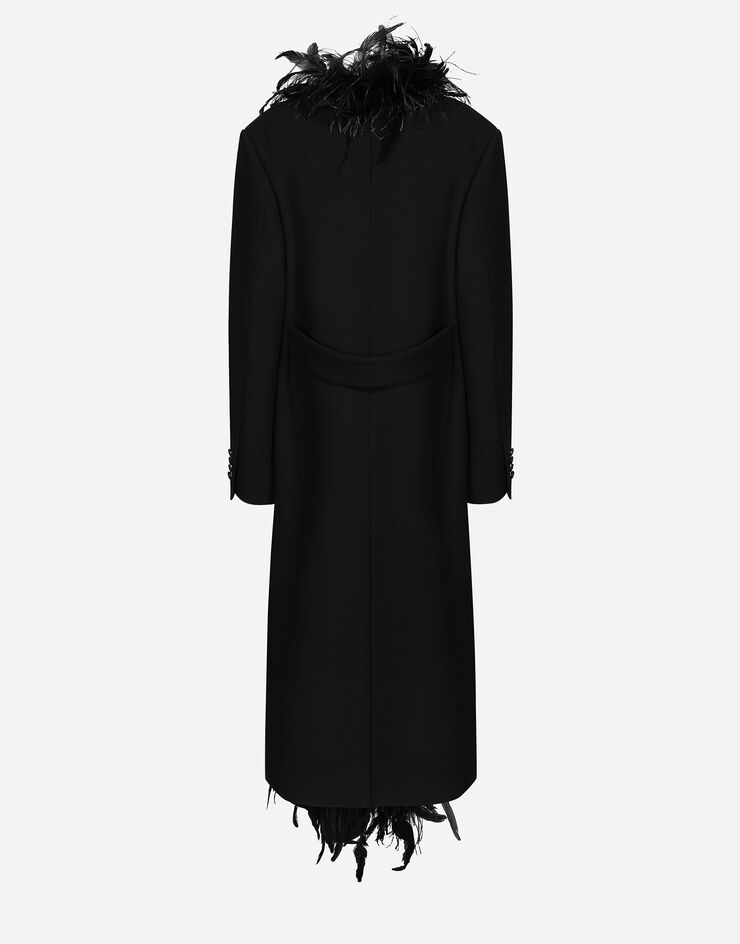Dolce & Gabbana معطف من صوف كريب بصف أزرار مفرد وحزام وتزيين بريش ديك رومي أسود F0G1DTFUBCI