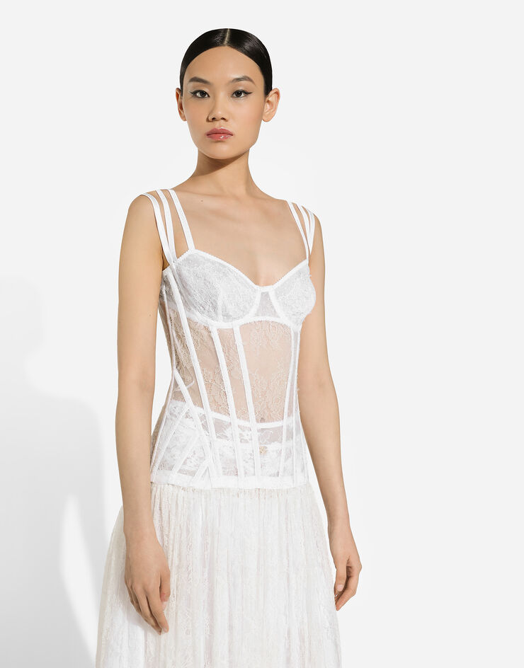 Dolce & Gabbana Langes Kleid aus Spitze mit Bustier-Details White F6JHBTILMAP