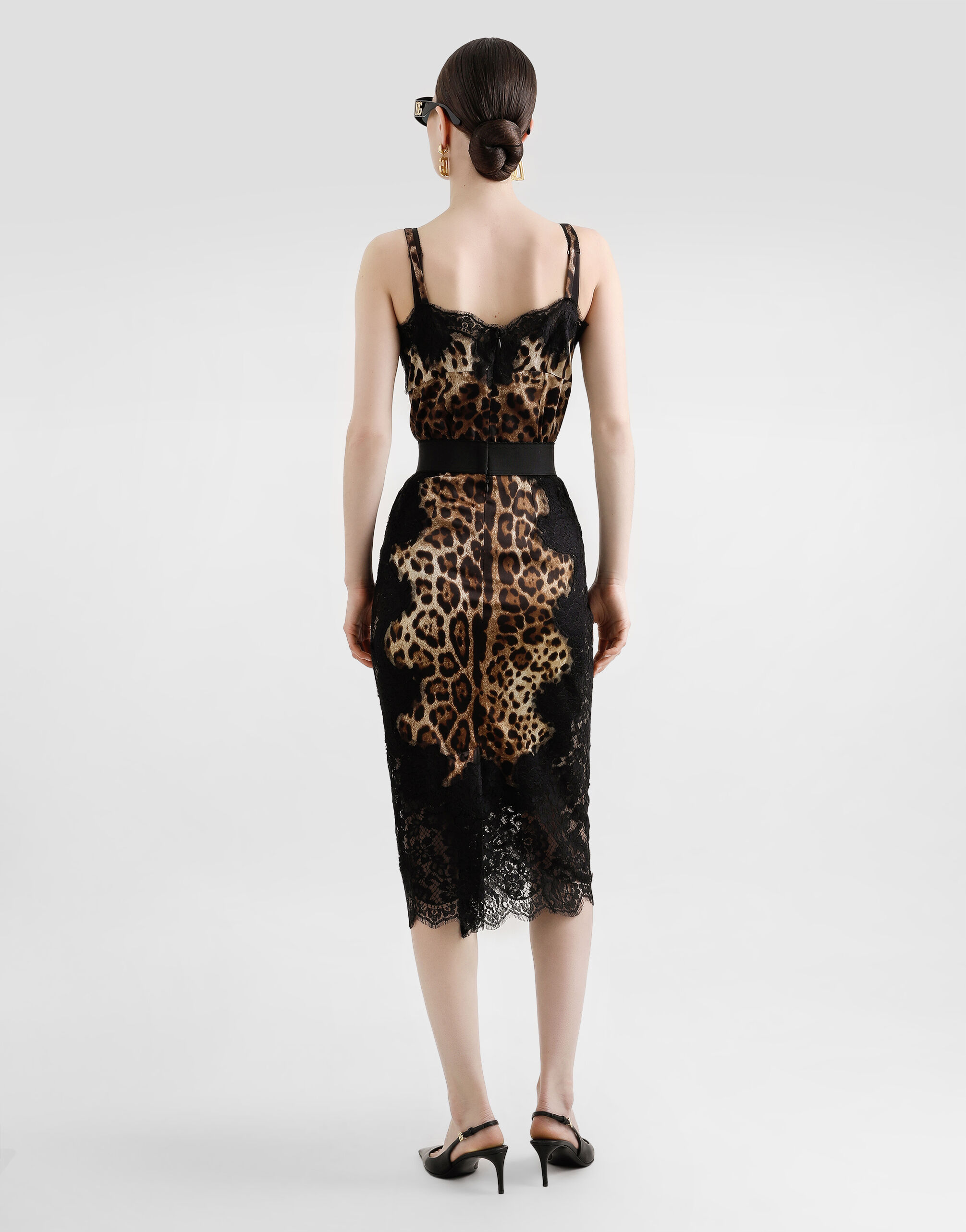 Leopard-print satin midi skirt with lace inserts in Multicolor for