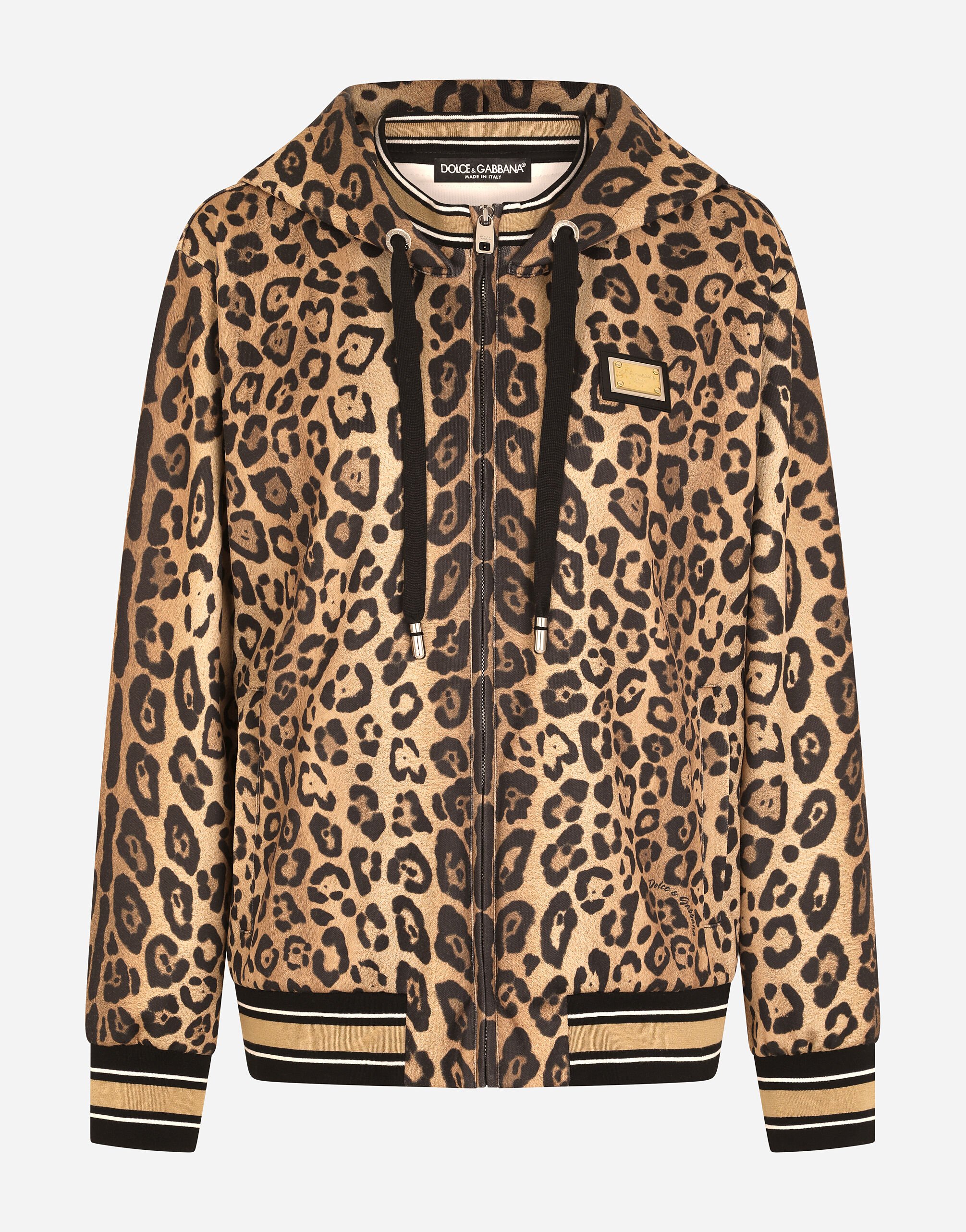 Dolce & Gabbana Zip-up jersey hoodie with leopard print White F8U68ZG7G9A