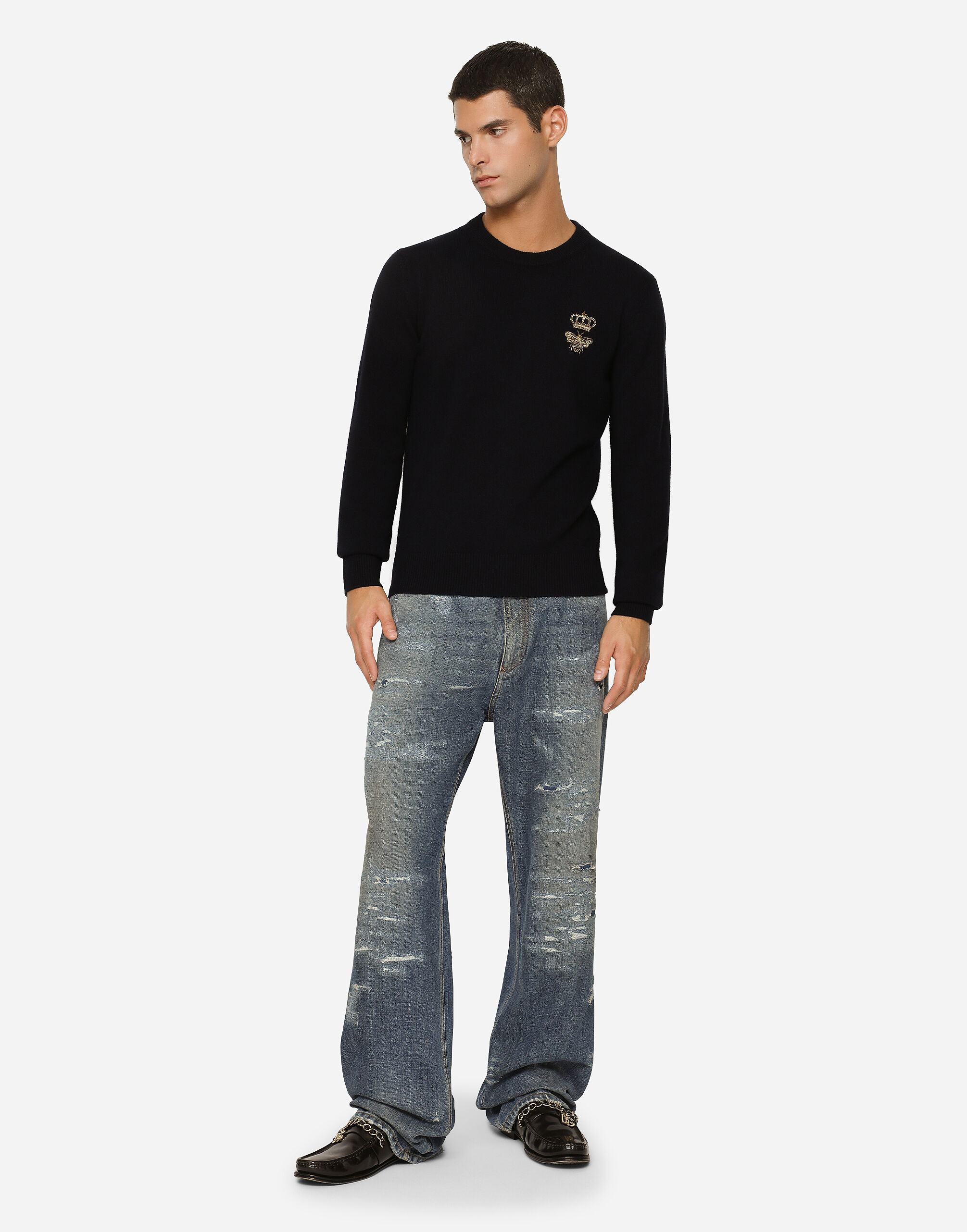 Dolce & Gabbana ブラック ウール rouise Round-neck wool sweater with embroidery in Black for Men