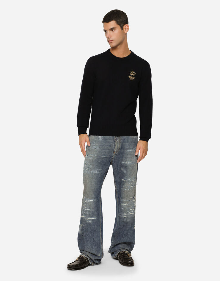 Dolce & Gabbana Джемпер с круглым вырезом из шерсти с вышивкой синий GXE63ZJBVB2