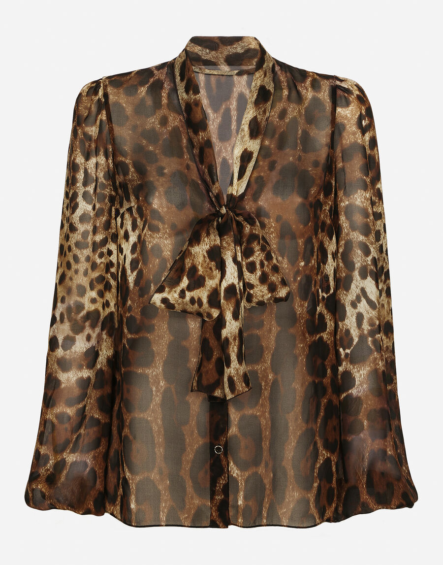 Leopard-print chiffon pussy-bow shirt