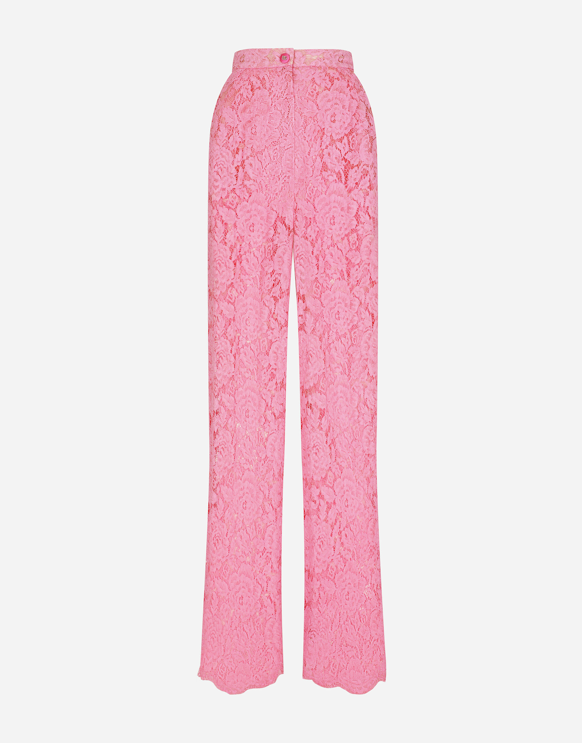 Dolce & Gabbana Pantalón acampanado de encaje elástico con logotipo Rosa F79DATFMMHN