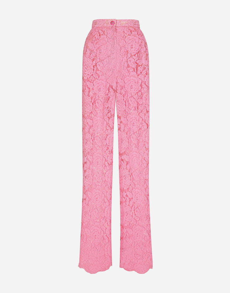 Dolce & Gabbana Pantalón acampanado de encaje elástico con logotipo Rosa FTCPTTFLRE1