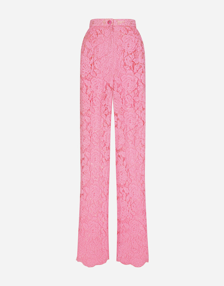 Dolce & Gabbana Ausgestellte Hose aus elastischer Spitze mit Logo Rosa FTCPTTFLRE1