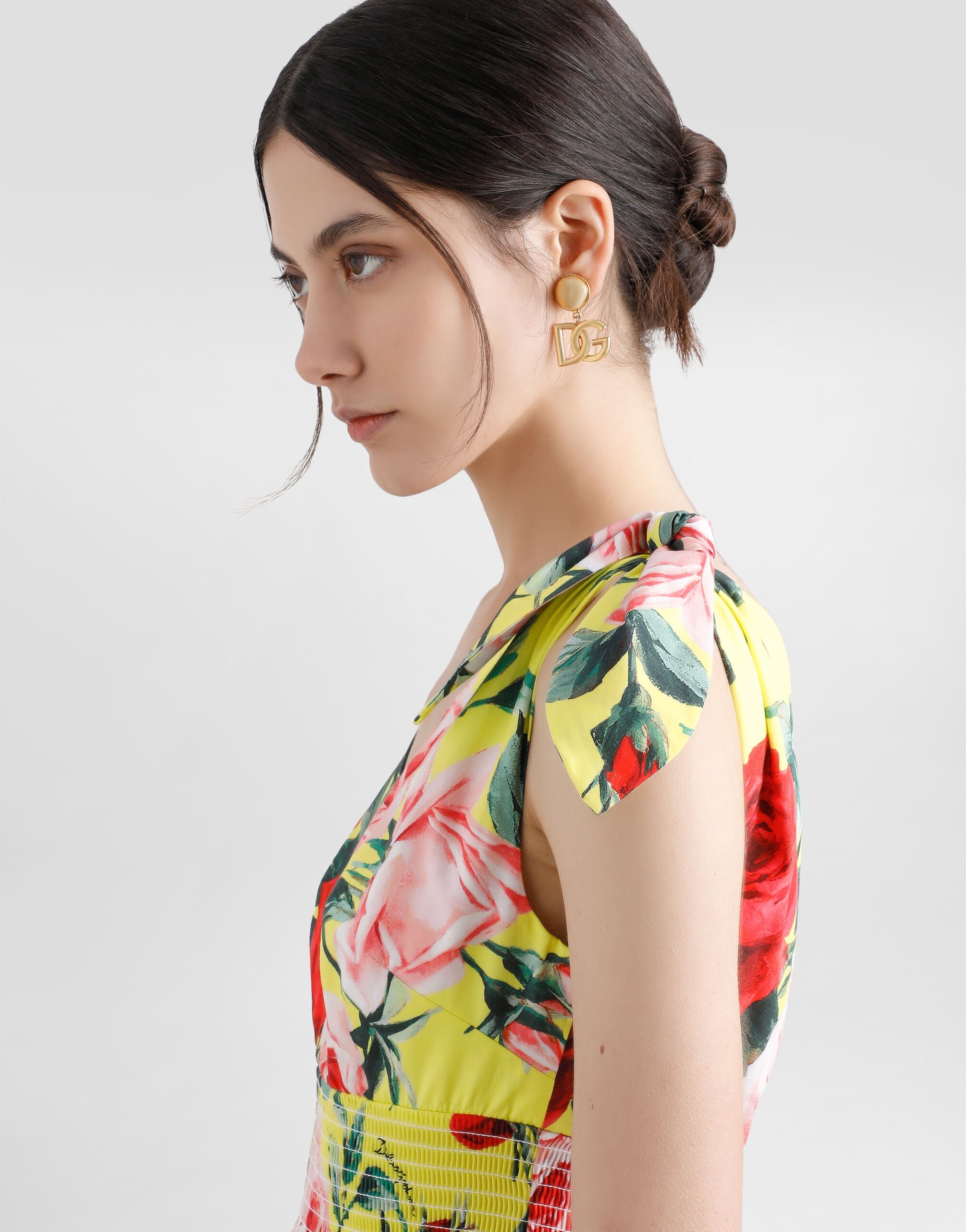 Cotton midi dress with bouquet print and tie details in