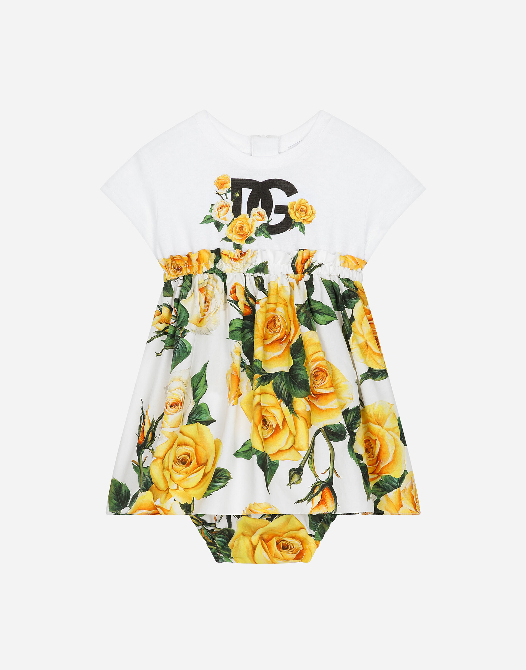 Jersey and poplin dress with bloomers and yellow rose print