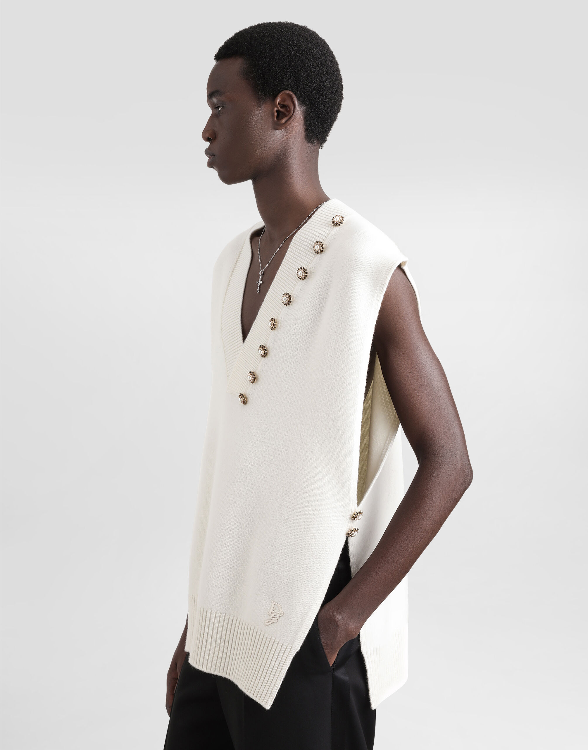 Wool V-neck vest with bejeweled buttons and DG embroidery in