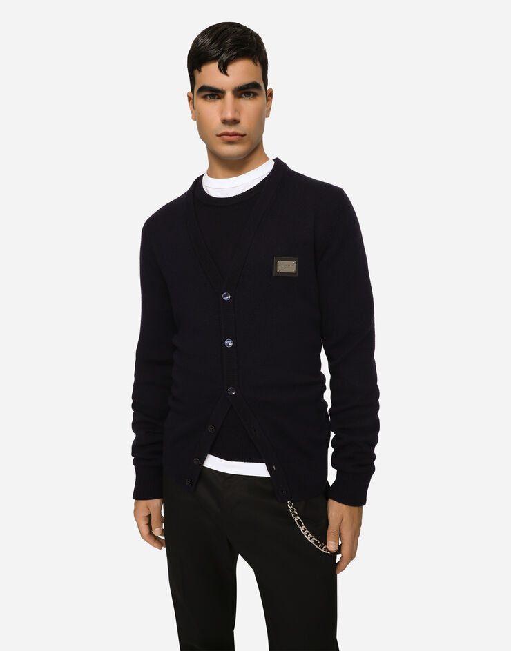 Dolce&Gabbana Cashmere and wool cardigan with branded tag Blue GXO37TJEMQ4
