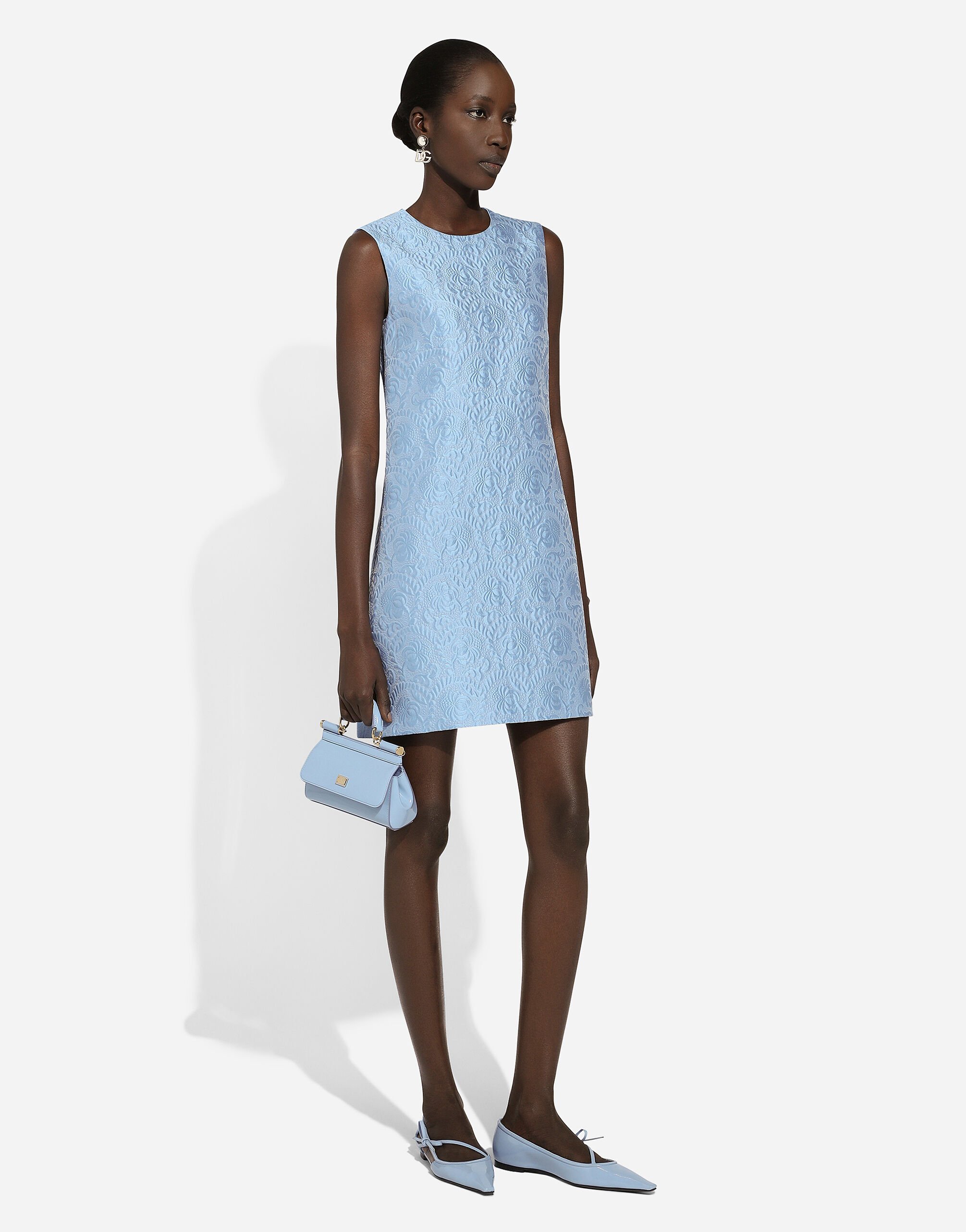 Short floral quilted jacquard A-line dress in Azure for