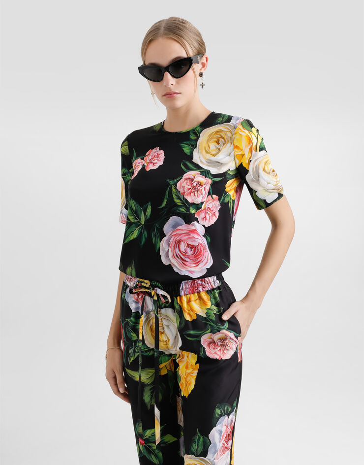 Dolce & Gabbana Bluse aus Seidencharmeuse Pfingstrosen- und Rosenprint Drucken F7AO2TFSA7B