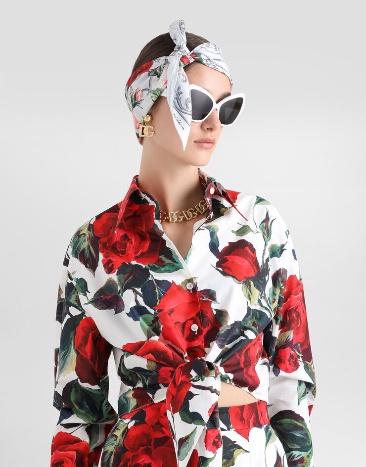 Dolce & Gabbana Cropped cotton pussy-bow shirt with rose print Print F5S65THS5S2