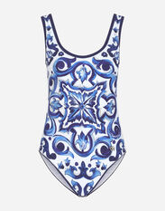 Dolce & Gabbana Majolica-print racing swimsuit Blue F6GAMDG8KT2