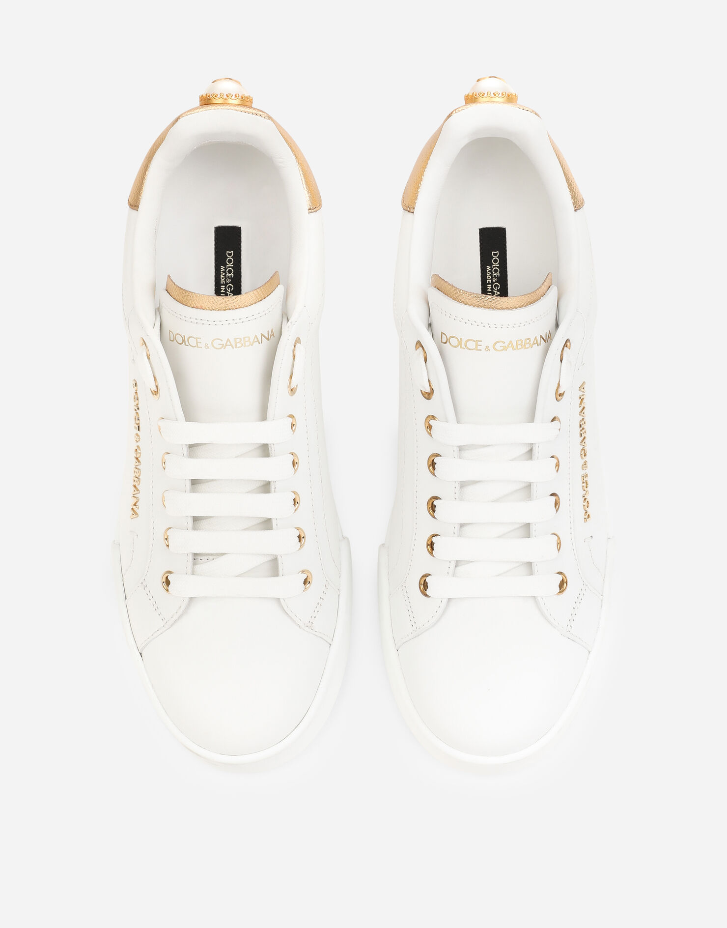 Calfskin nappa Portofino sneakers with lettering in White/Gold for