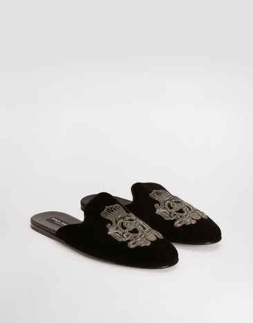 Dolce & Gabbana Velvet slippers with coat of arms embroidery Black A80310AO249