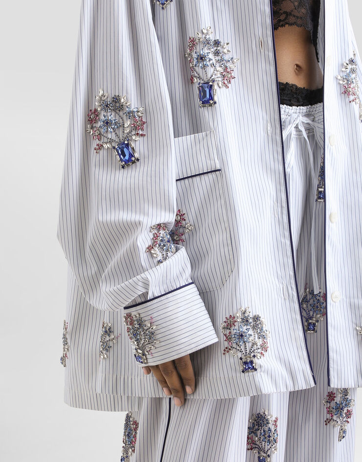 Dolce & Gabbana Striped poplin trousers with crystal flower embroidery Multicolor FTDJDZGDDSK