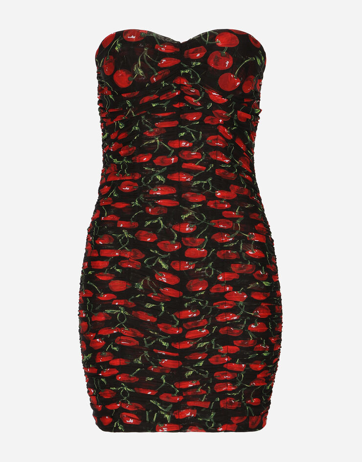 Dolce & Gabbana Cherry-print tulle strapless dress with draping Multicolor F6AVITFSUA2
