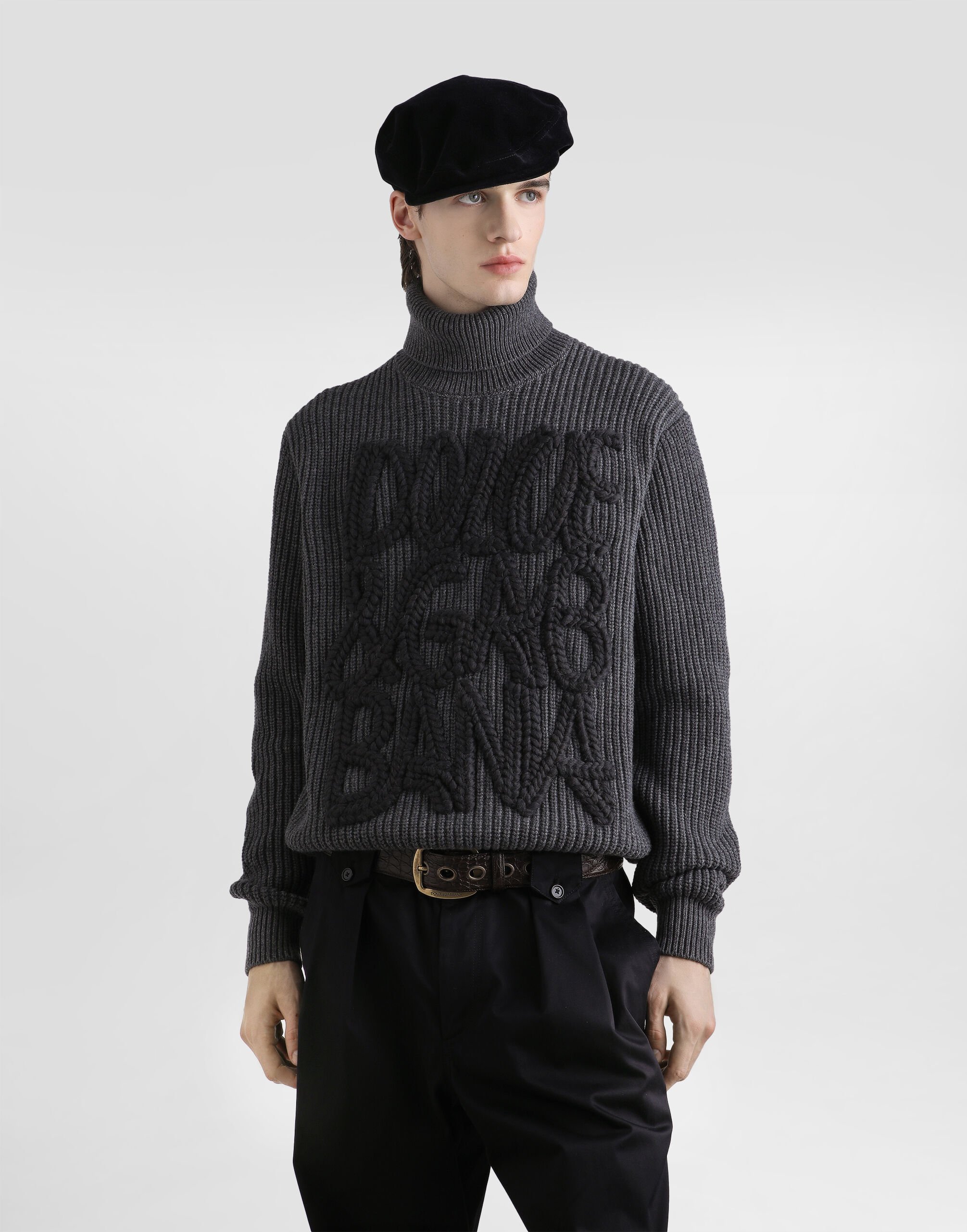 Wool turtleneck with embroidery in Grey for Men | Dolce&Gabbana®