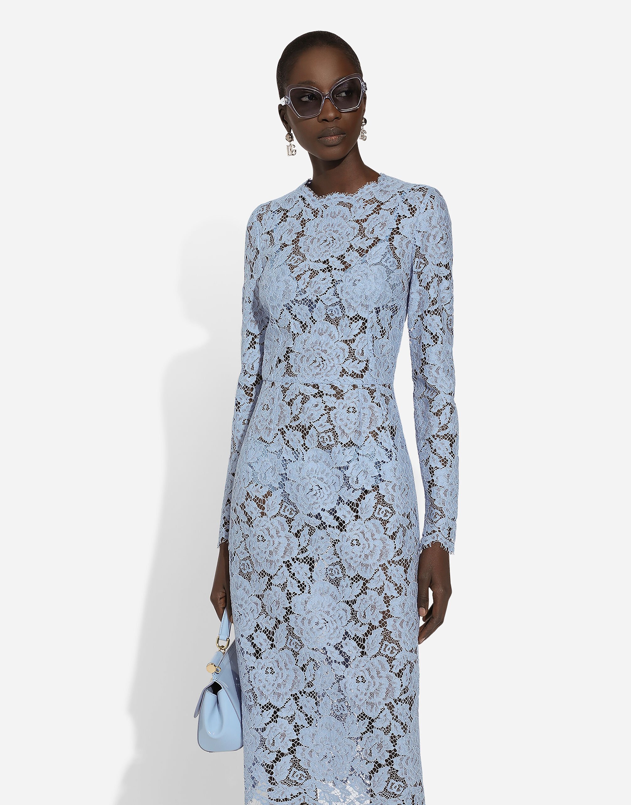 Calf length sheath dress in branded floral cordonetto lace in Light Blue for Women Dolce Gabbana US