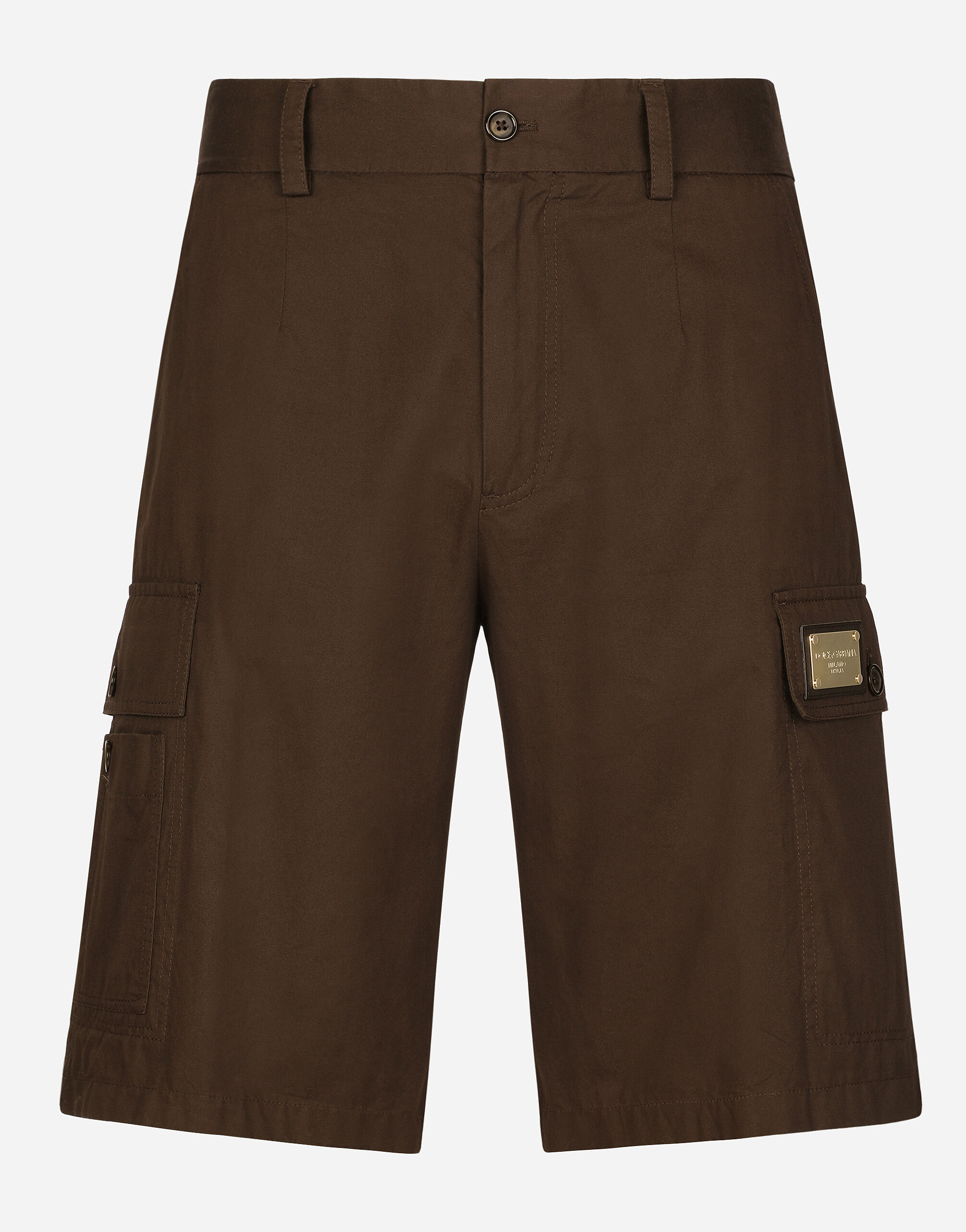 Dolce & Gabbana Cotton gabardine cargo Bermuda shorts with brand plate Brown G8RN8TG7K1U