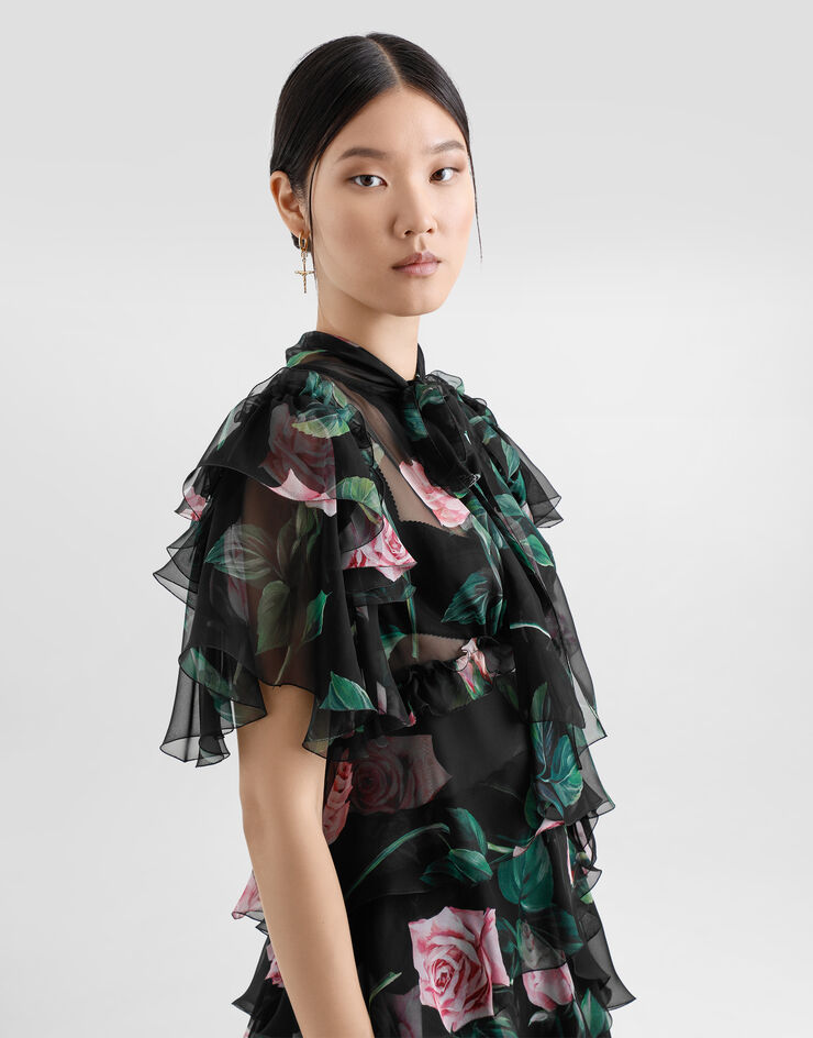 Dolce & Gabbana Rose-print chiffon calf-length dress with ruffles and flounces Print F6B3ITIS1XA