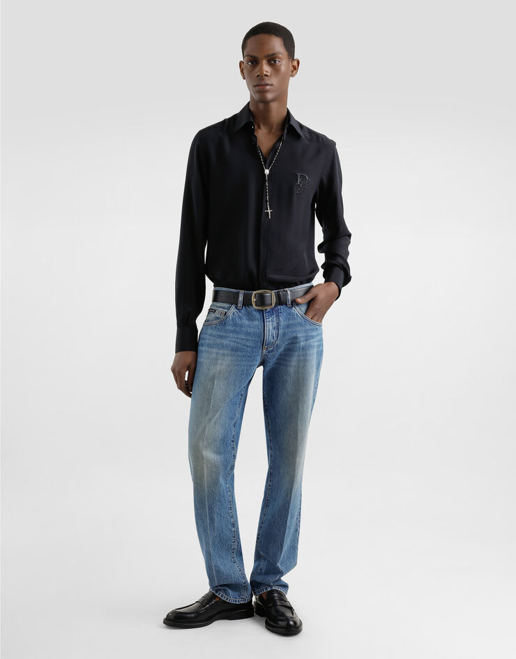 Dolce & Gabbana Camisa de seda con logotipo bordado Negro G5MO1ZFU1UQ