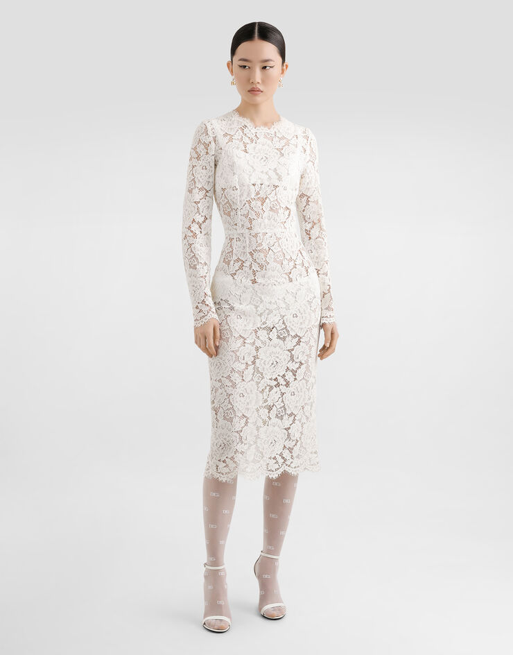 Dolce & Gabbana Long-sleeved branded stretch lace dress White F6M0DTHLM7L