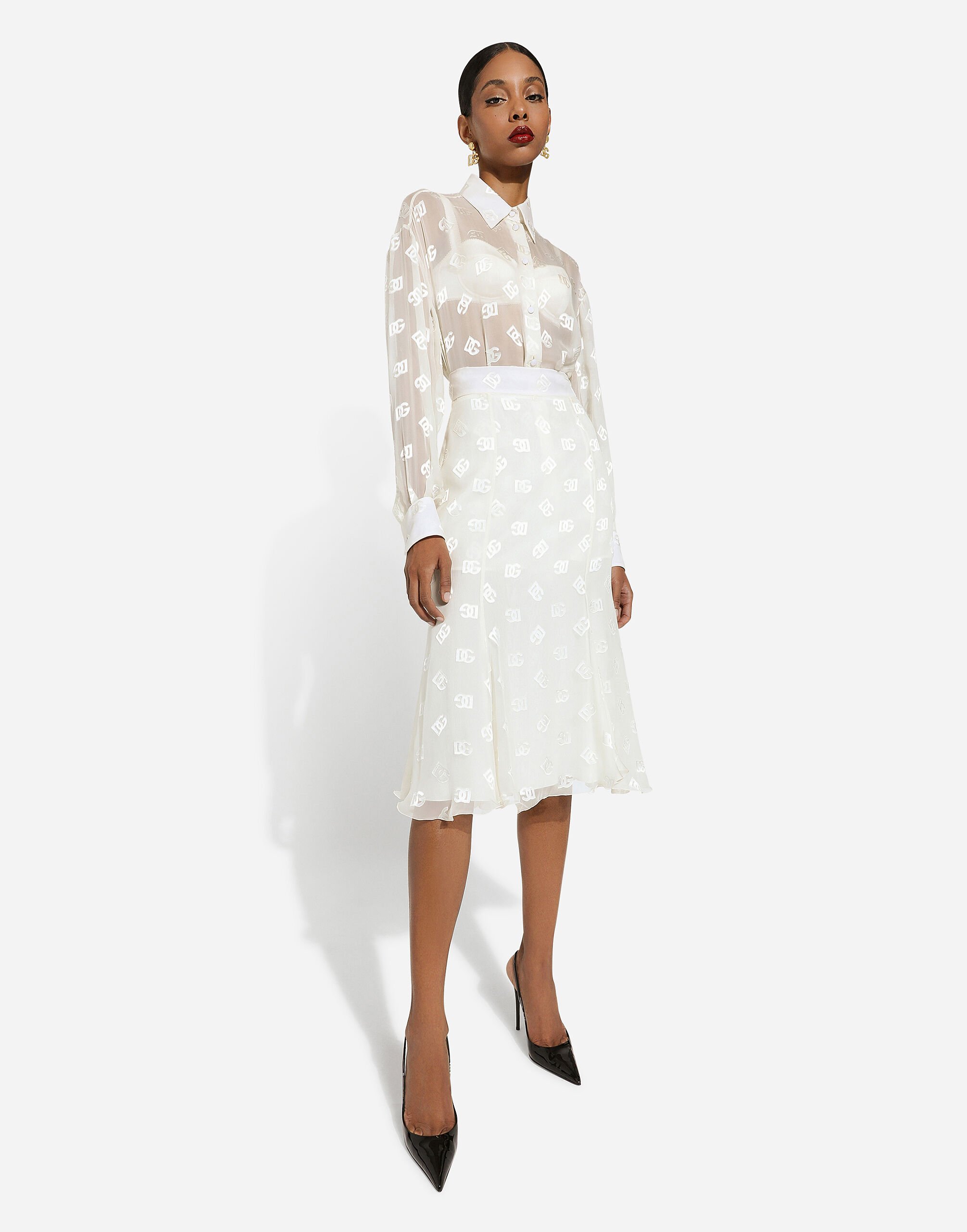 Devore satin godet skirt with DG logo in White for Women Dolce Gabbana