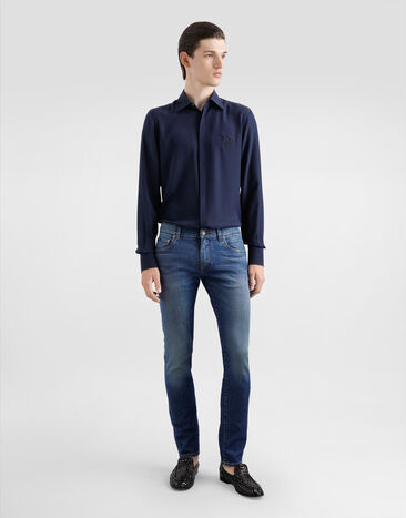 Dolce & Gabbana Silk shirt with logo embroidery Blue G5MO1ZFU1UQ