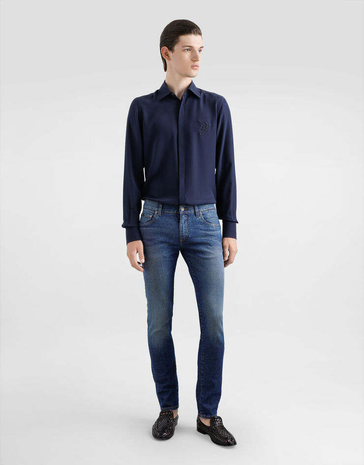 Dolce & Gabbana Silk shirt with logo embroidery Blue G5MO1ZFU1UQ